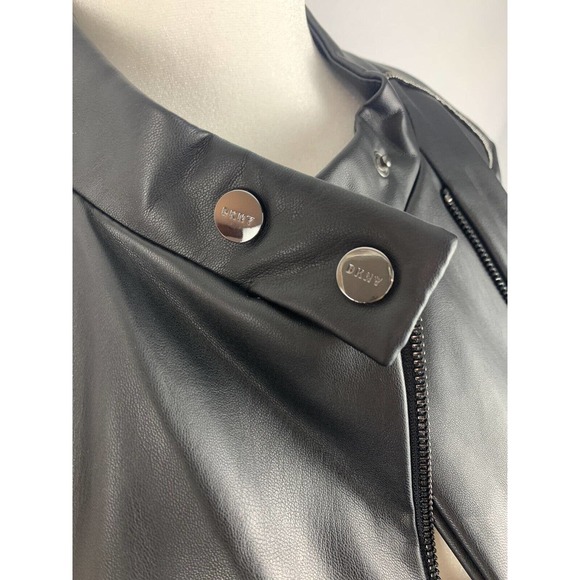 NWT DKNY Zip Front Faux Leather Moto Jacket Black W/ Tiny Metallic Detail Trim - Picture 2 of 16